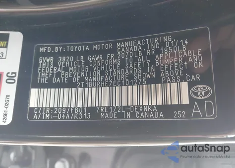 2014 Toyota Corolla Le z USA, uszkodzony, nr VIN 2T1BURHE7EC101275